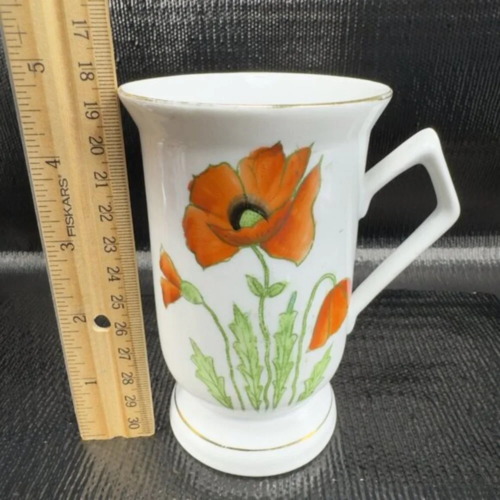 Vintage German‎ Fine Porcelain Pedestal Cup Mug Poppy Red Flower Pattern Set 2